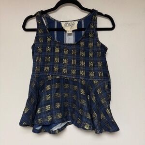 Ace & Jig‎ Peplum Top XS TP Blue Plaid Metallic Gold Sleeveless
